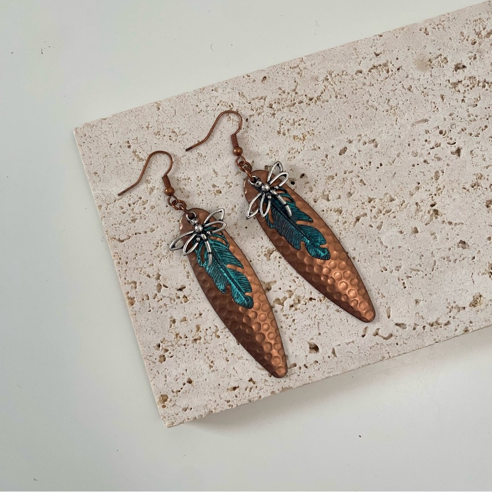 3/$20 Hammered Copper Teal Patina Feather Silver Dragonfly Earrings